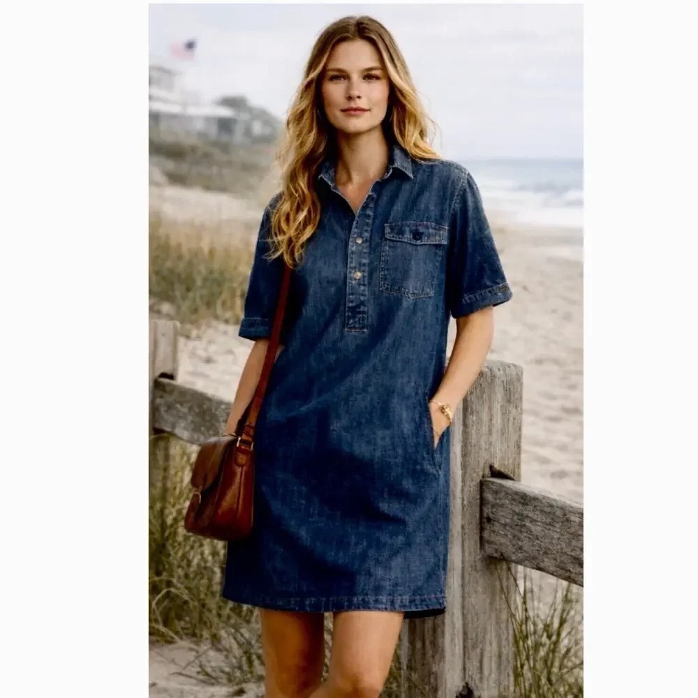 POLO RALPH LAUREN Hannah Denim Tunic Dress Blue Cotton Short Sleeve Small